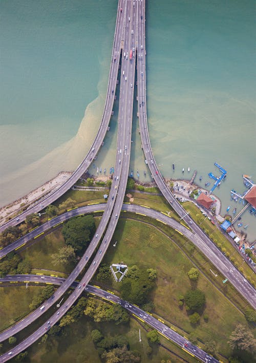 Aerial View of a Bridge on Body of Water