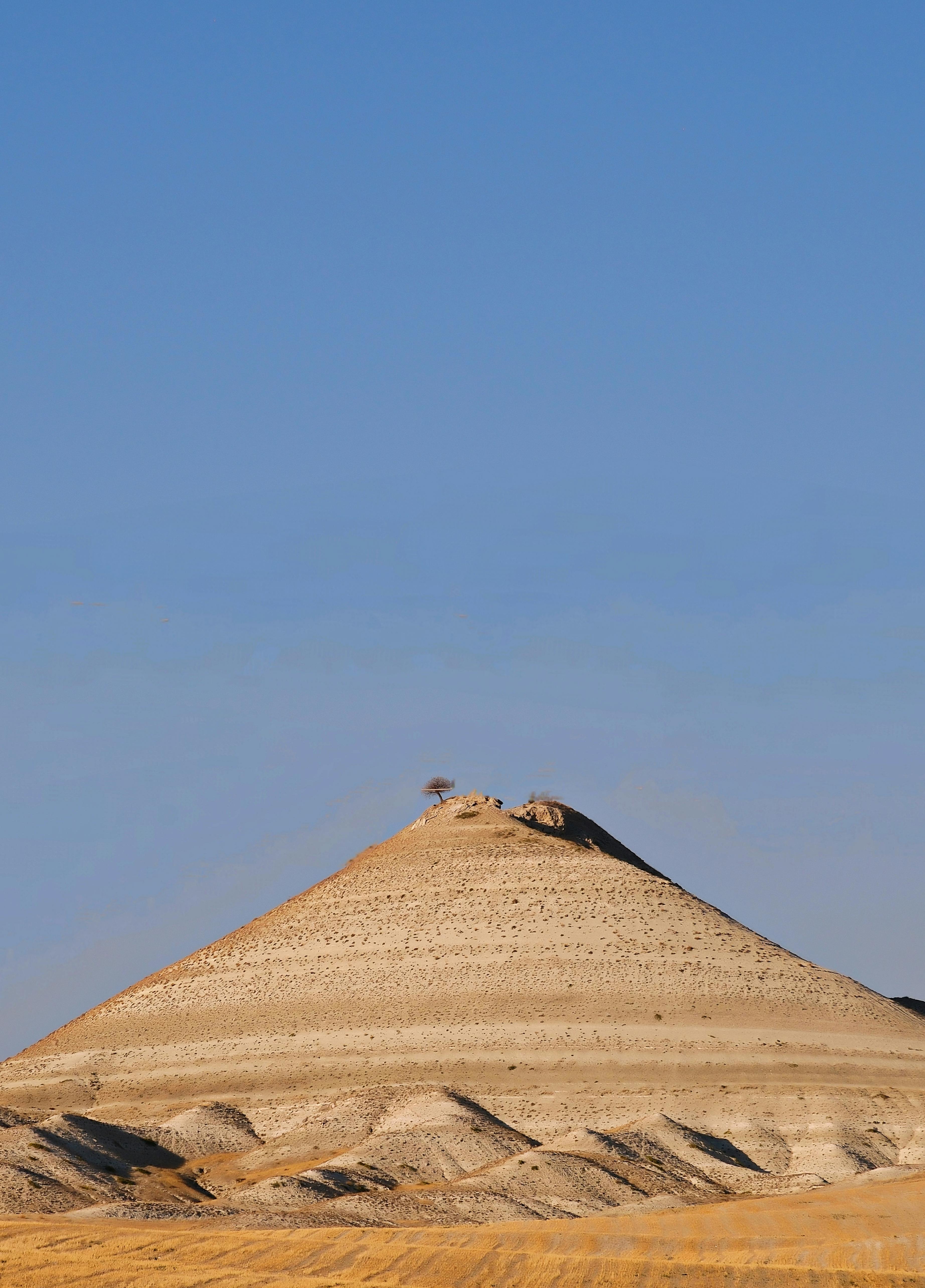 A remote pyramid-shaped hill with a single tree on top against a clear blue sky, symbolizing solitude.