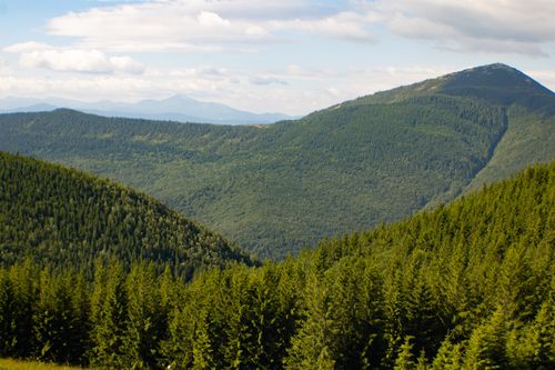 Free A scenic view of lush green mountains under a partly cloudy sky, captured during the day. Stock Photo
