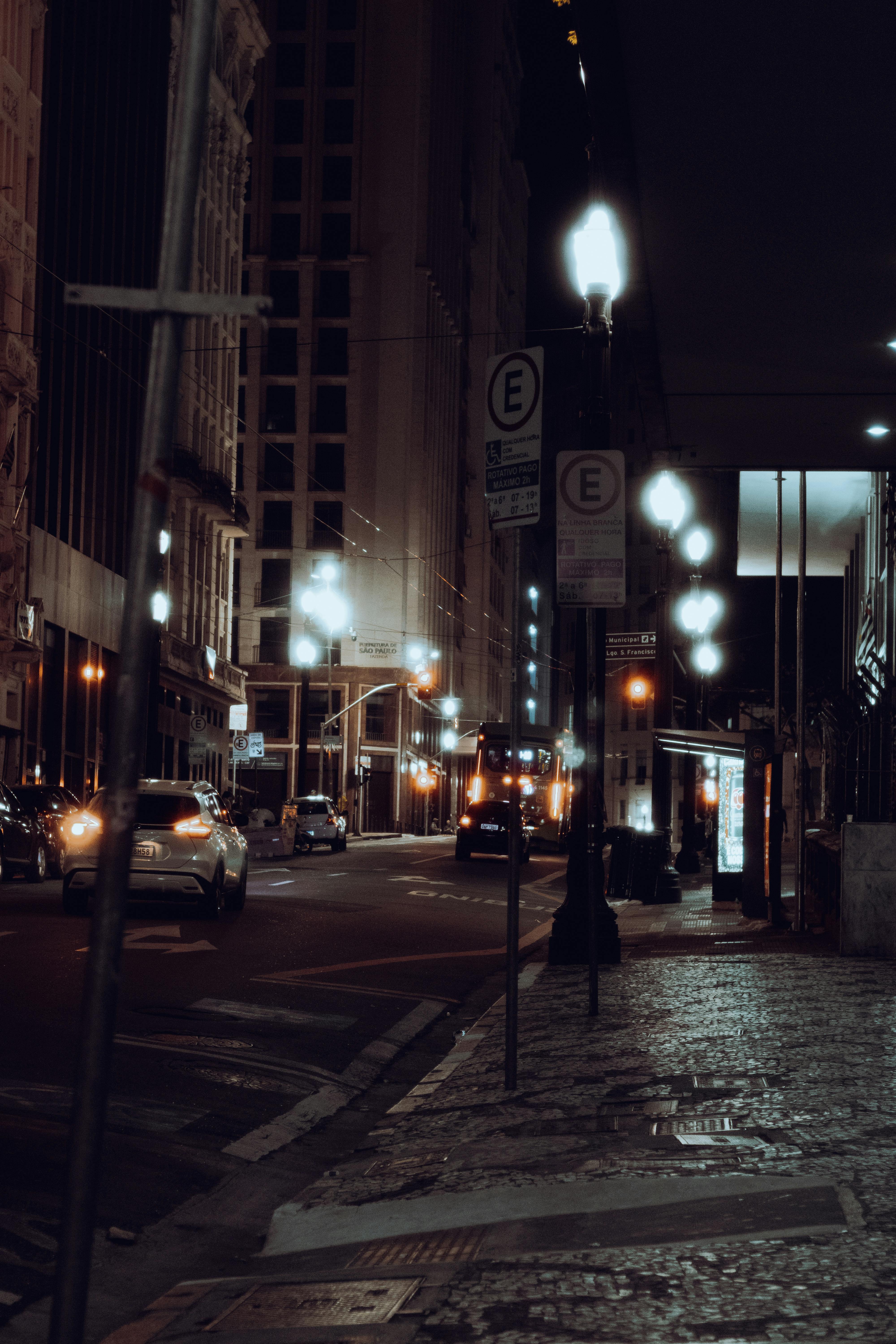 grátis Uma cena noturna melancólica de uma rua de São Paulo, com carros e postes de luz iluminados. Foto profissional
