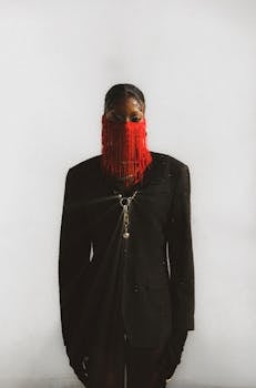 Stylish portrait of person wearing red beaded mask and black outfit. Artistic and edgy.
