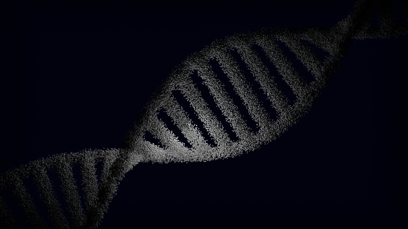 Abstract 3D visualisation of a DNA double helix structure with particle effects