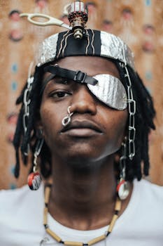 这幅男子肖像引人注目，搭配大胆的配饰和艺术表现力，凸显了现代时尚的创造力