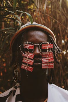 户外时尚肖像：一位戴眼镜、饰有独特红色标签的人