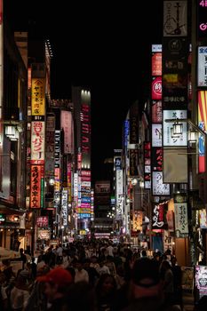 Explore the bustling streets of Shinjuku City at night with vibrant neon lights and crowds.