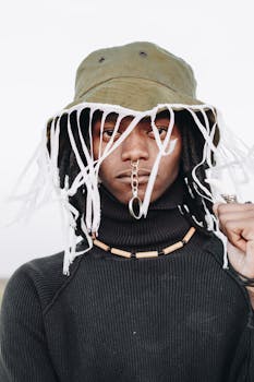一位时尚年轻人的特写肖像，戴着独特的帽子和配饰