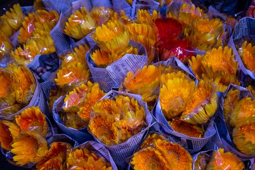 Colorful orange flower bouquets wrapped in newspaper at a market, showcasing vibrant gerbera daisies.