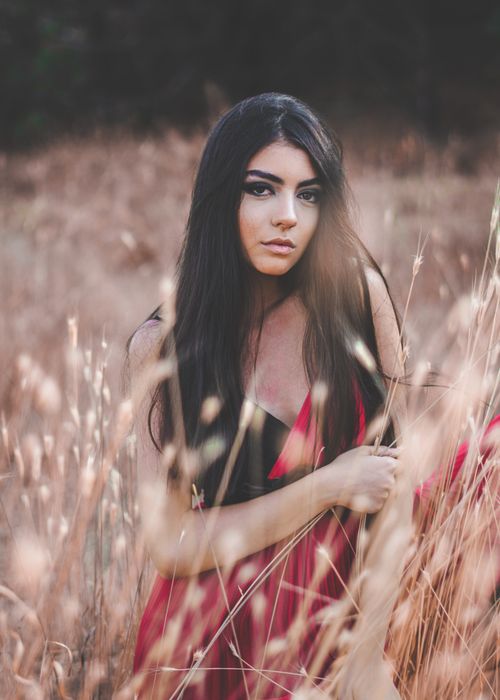 Free Portrait of a woman in a red dress posing in a sunlit meadow. Stock Photo