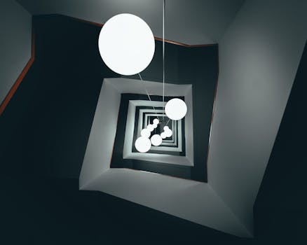 螺旋楼梯的迷人景色，搭配现代几何照明设计