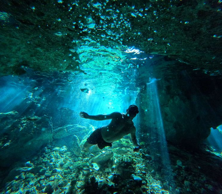 People swimming in a clear blue cenote in the Yucatán Peninsula