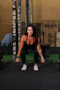 A fit woman performs a deadlift exercise with a barbell in a gym, showcasing strength and focus.
