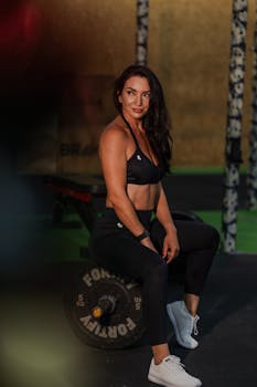 Confident woman posing in athletic wear at a gym, exemplifying strength and fitness.