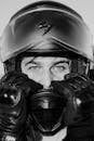 Close-up of Motorcyclist in Black and White Helmet