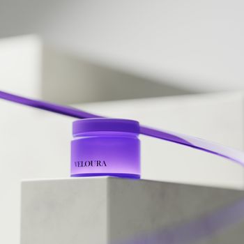 A minimalist violet cosmetic jar on a marble pedestal with a modern abstract design.