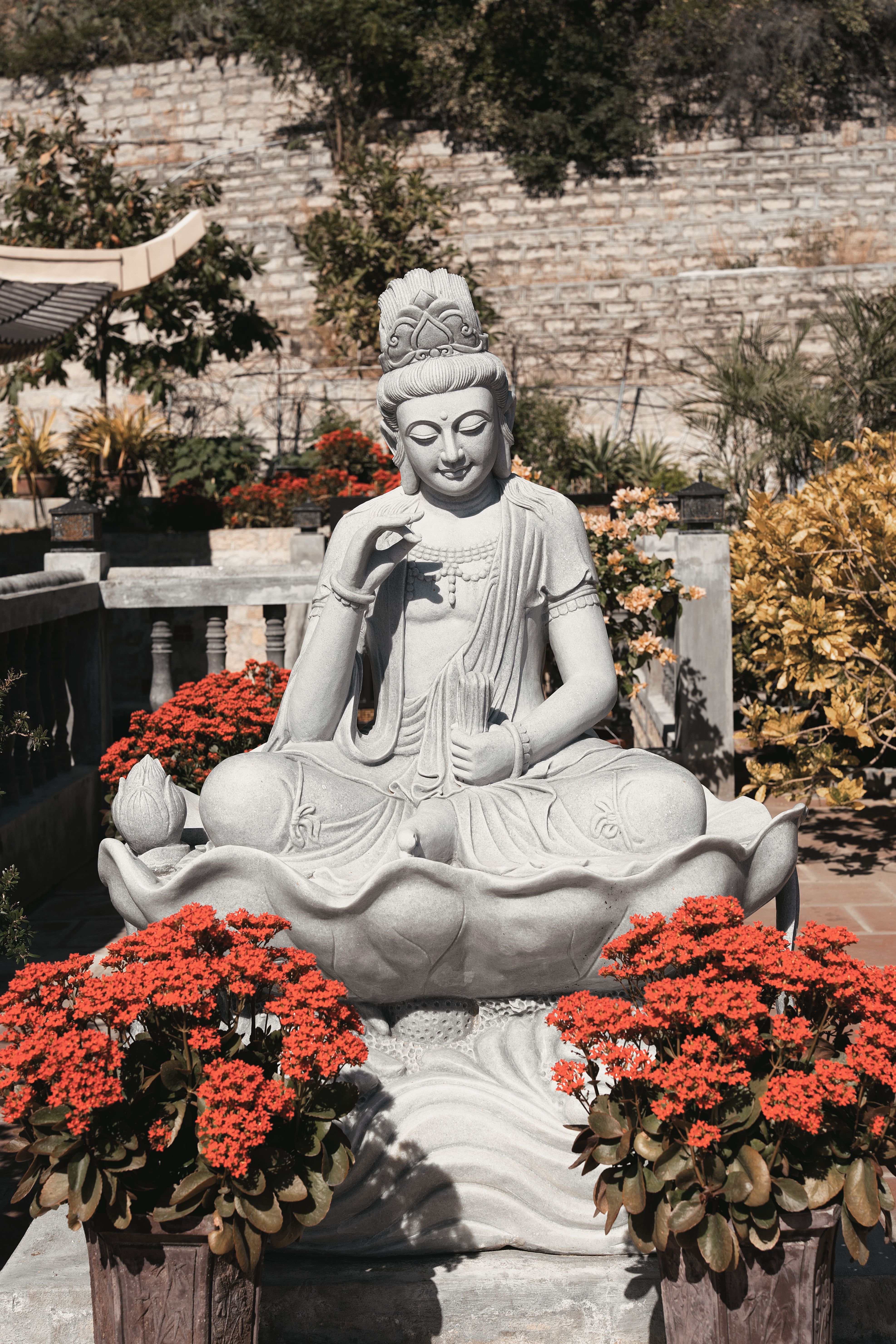 Elegant Garden Statue of Buddha amidst Floral Display · Free Stock Photo
