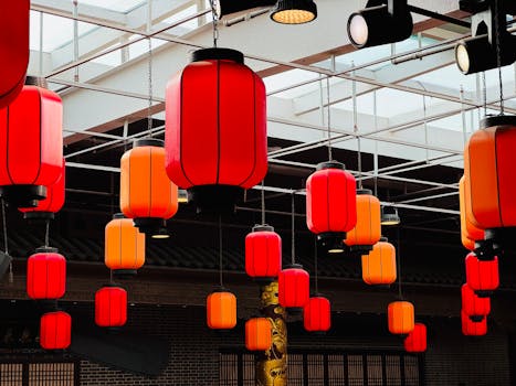 Bright red traditional Chinese lanterns hanging indoors, creating a festive atmosphere.