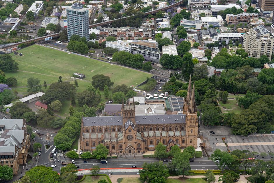 Hunter Valley Broken Back Range Helicopter Flight from Cessnock - Aerial view of St Mary's Cathedral and surrounding Sydney landscape.