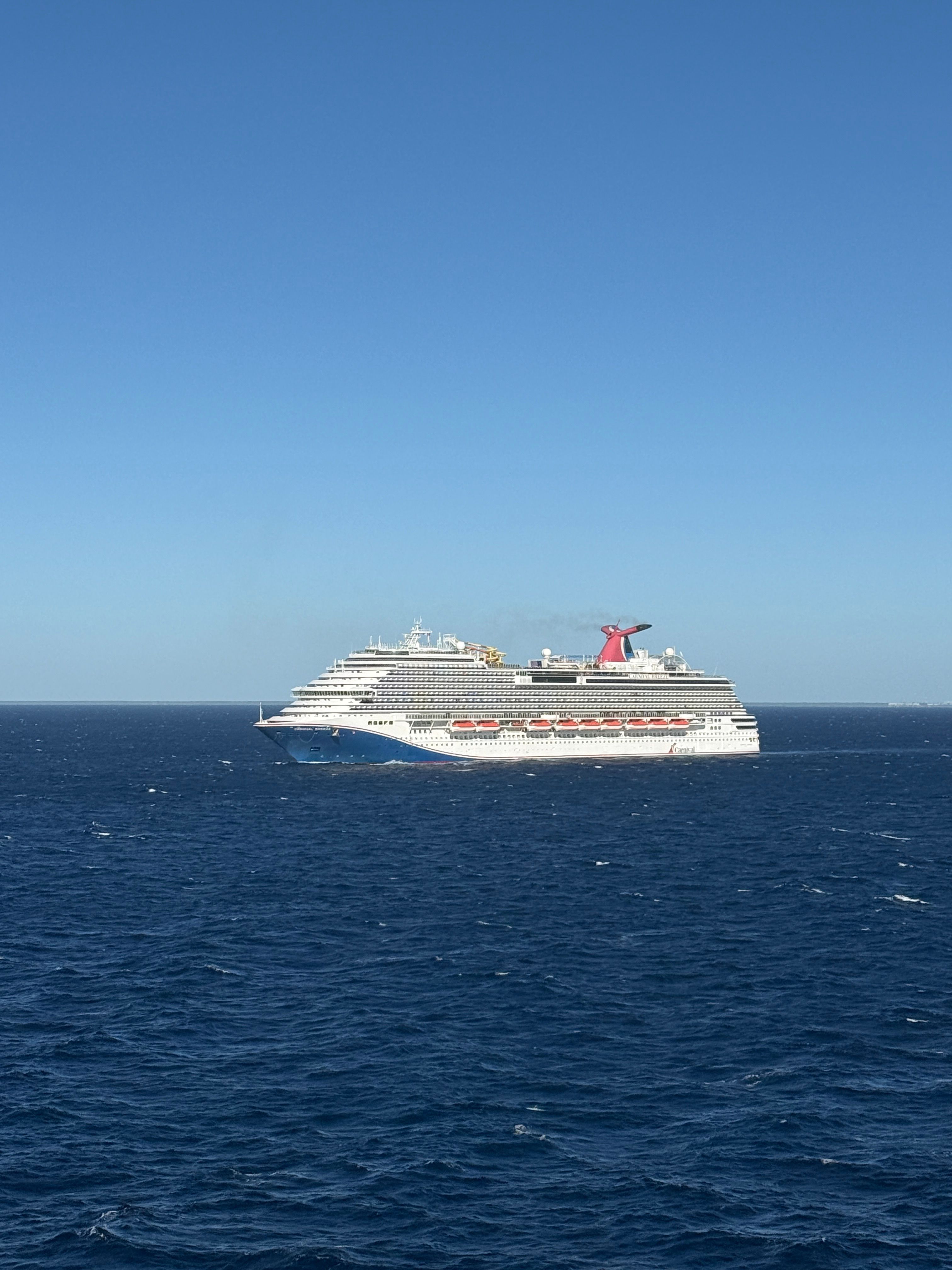 A majestic cruise ship sails across the open ocean under a clear blue sky.
