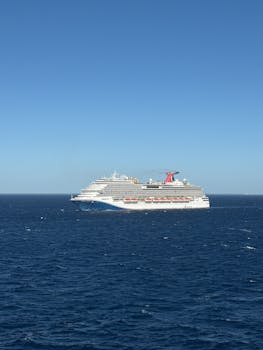A majestic cruise ship sails across the open ocean under a clear blue sky.