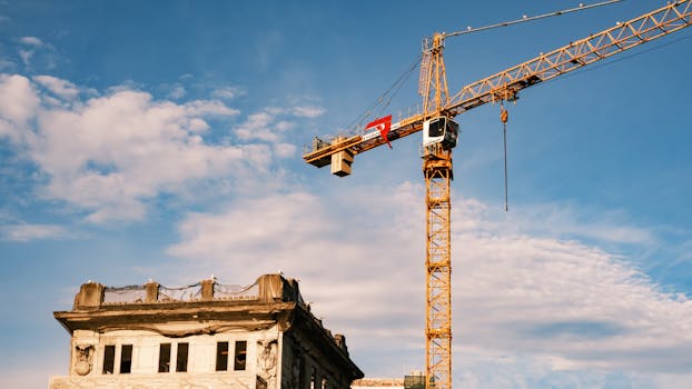 A construction crane towers over a historic building under bright blue skies.