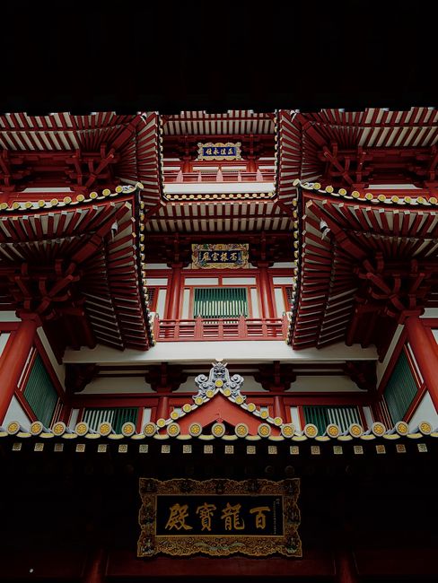 Detailed view of the Buddha Tooth Relic Temple's architecture in Singapore.