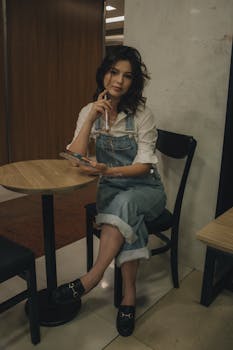Young woman in overalls relaxing in a cafe holding her smartphone. Cozy indoor atmosphere.