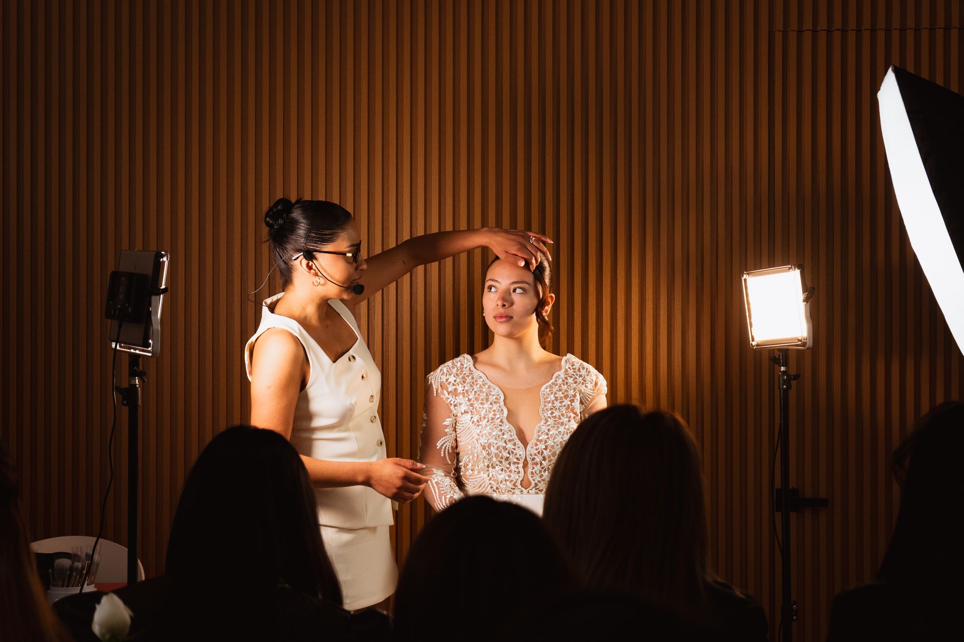 Elegant bridal makeup session with a professional makeup artist at a wedding event in Mexico City.