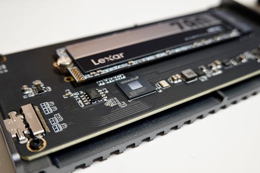 Detailed view of a Lexar NVMe SSD mounted on a circuit board, highlighting electronic components.