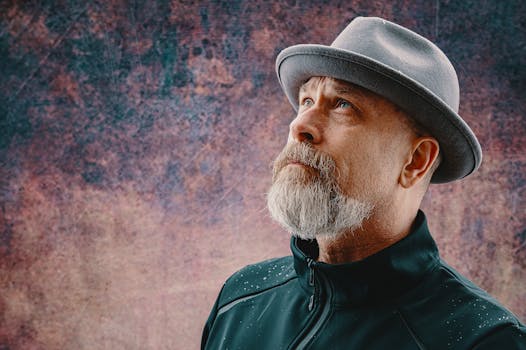 一位戴着软毡帽、留着胡须的老人特写肖像，背景是丰富的纹理