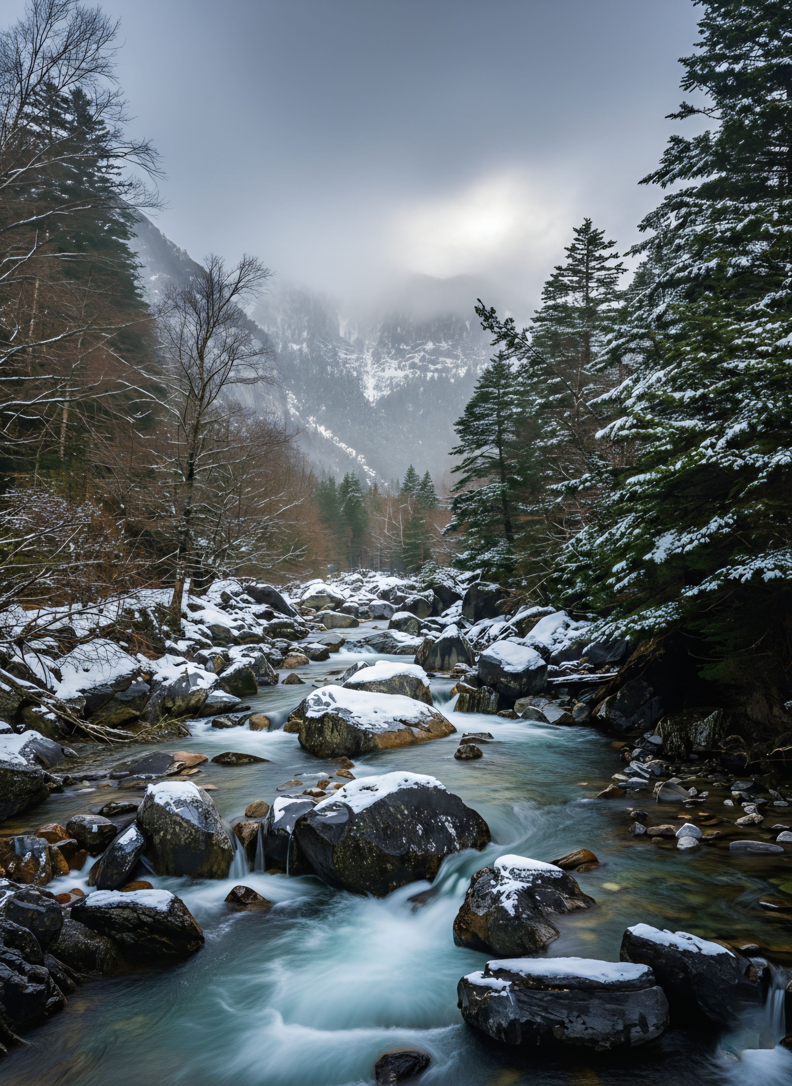 Serene Winter Stream in Snowy Forest · Free Stock Photo