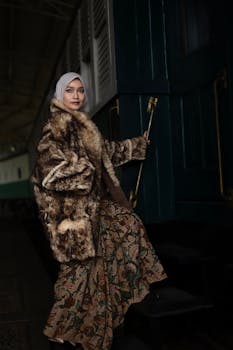 A stylish woman in warm attire boarding a classic train, exuding elegance and travel vibes.
