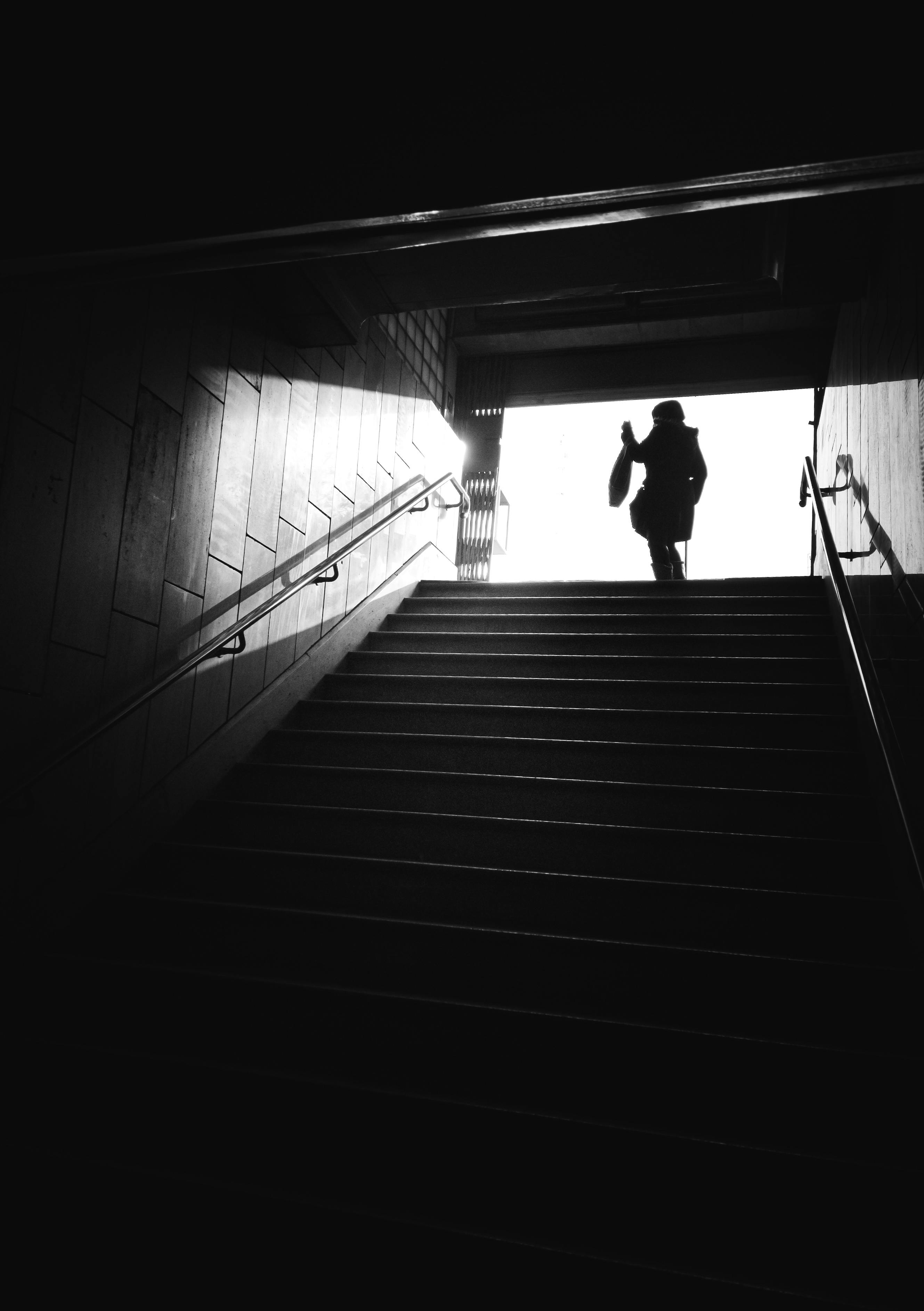 grátis Silhueta em preto e branco de uma pessoa carregando uma bolsa subindo as escadas do metrô. Foto profissional