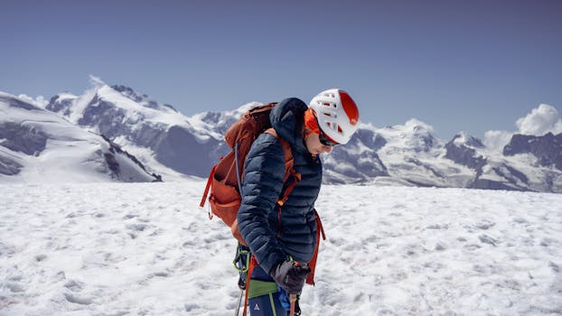Adventurous climber captures the beauty of Saas-Fee, Switzerland snow-capped peaks.