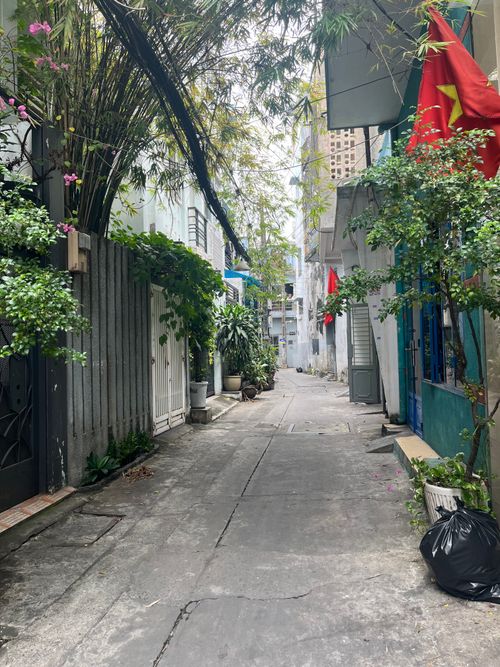 Free Quaint alleyway with lush greenery and traditional Vietnamese flags in Ho Chi Minh City. Stock Photo
