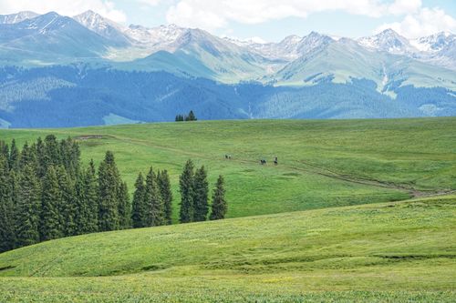 Free A stunning view of green fields and mountains with riders on horseback in the distance. Stock Photo
