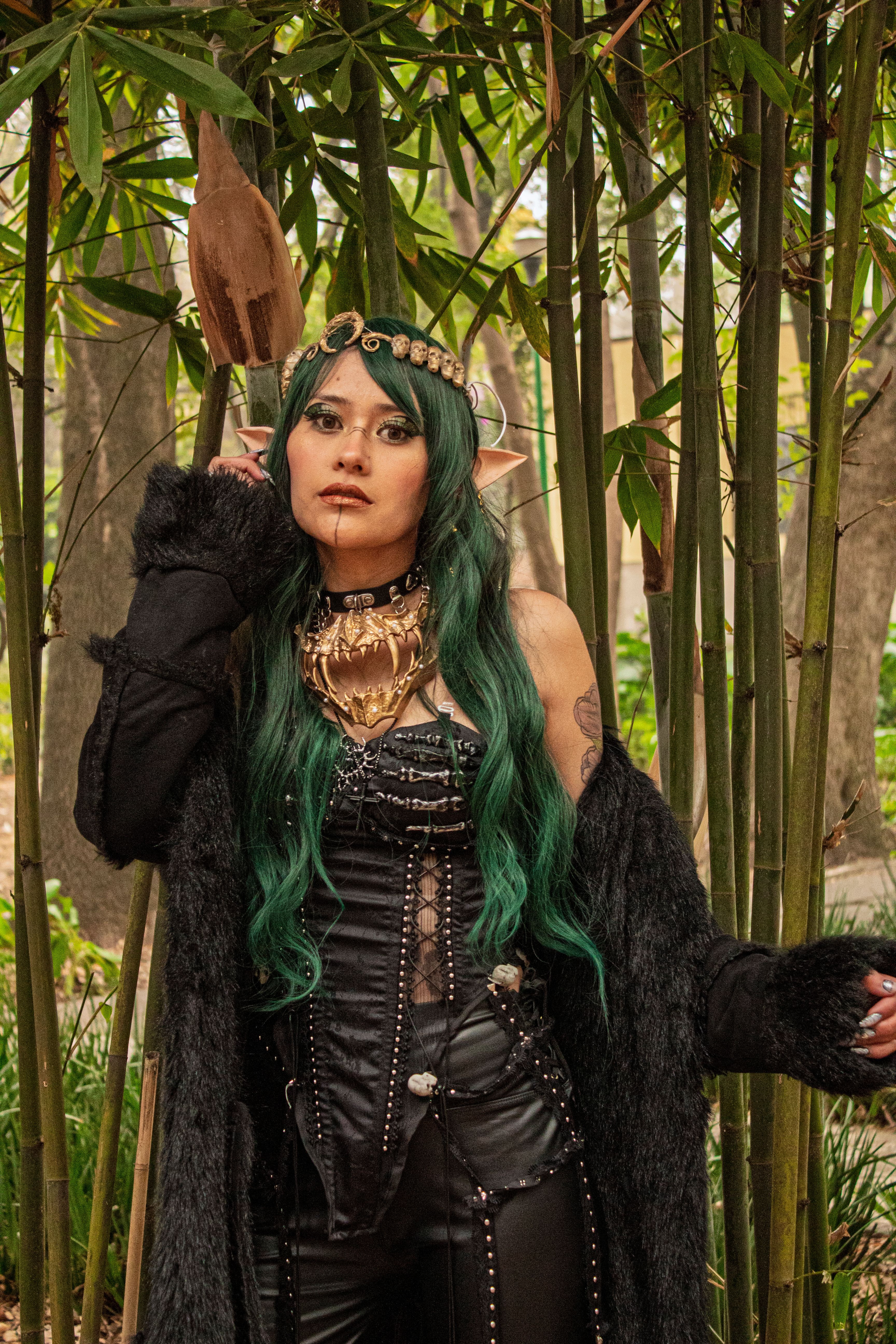Elegant fantasy-themed cosplay portrait amidst lush bamboo in Mexico City park.