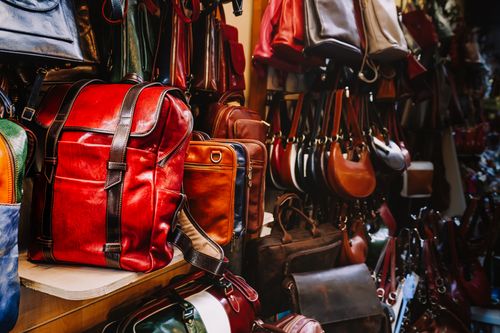 Free A rich assortment of handcrafted leather bags in a quaint artisan shop. Stock Photo