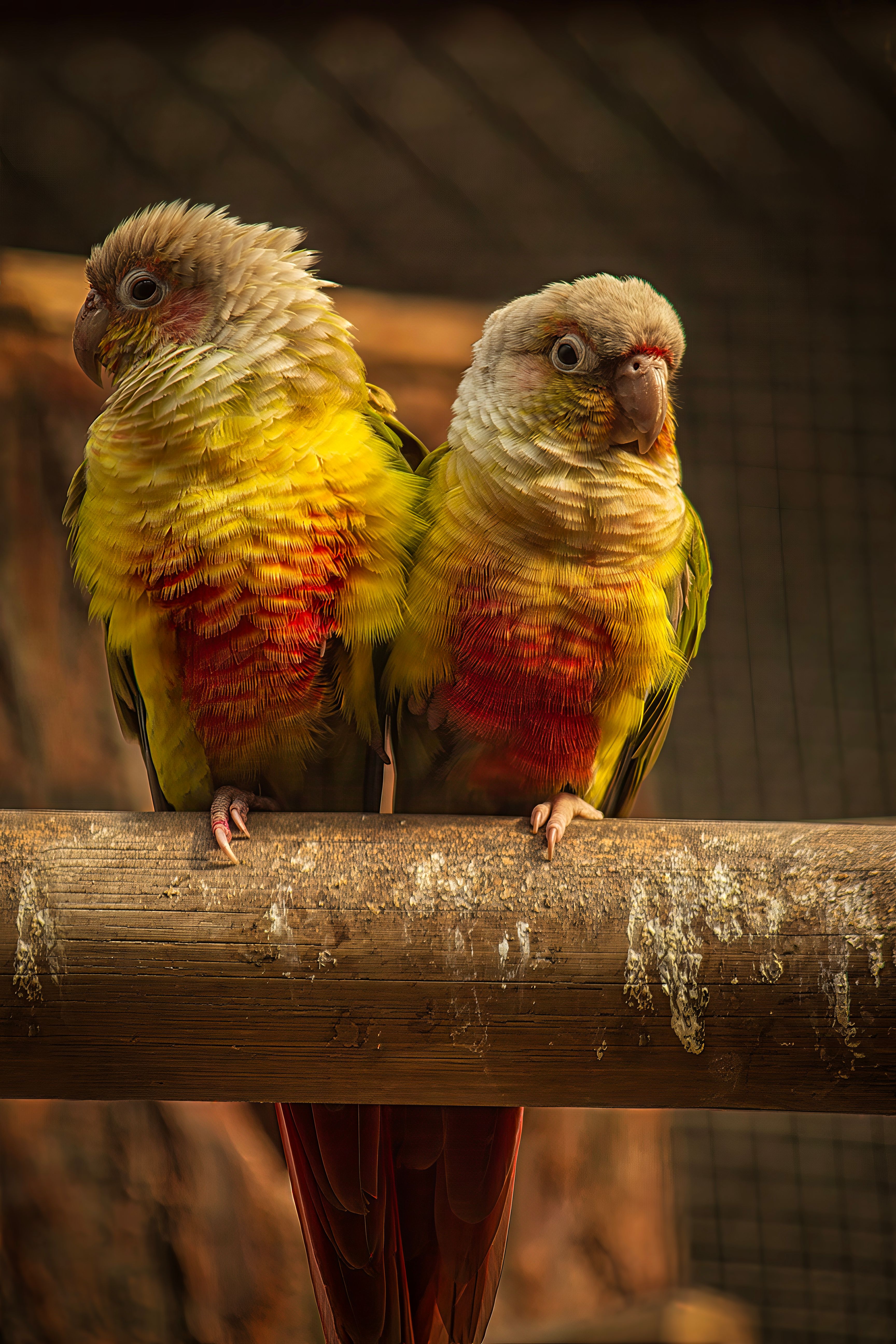 A pair of colorful Green Cheek Conures perched on a rustic branch in a zoo setting.
