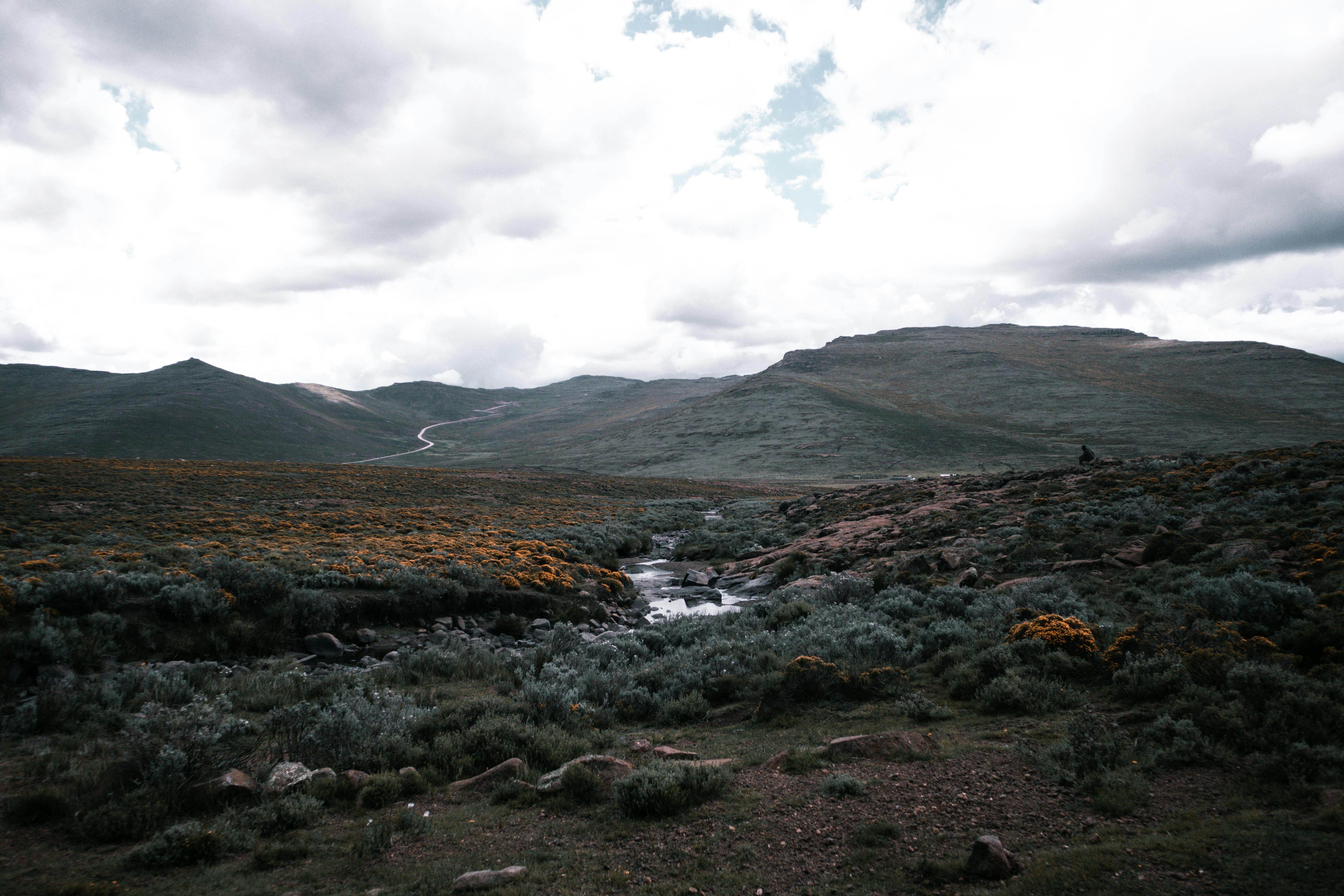 Hilly field with grassy terrain and narrow river · Free Stock Photo