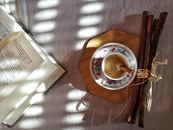 阳光明媚，一杯咖啡、一根肉桂棒和一本书，营造出舒适的早晨场景