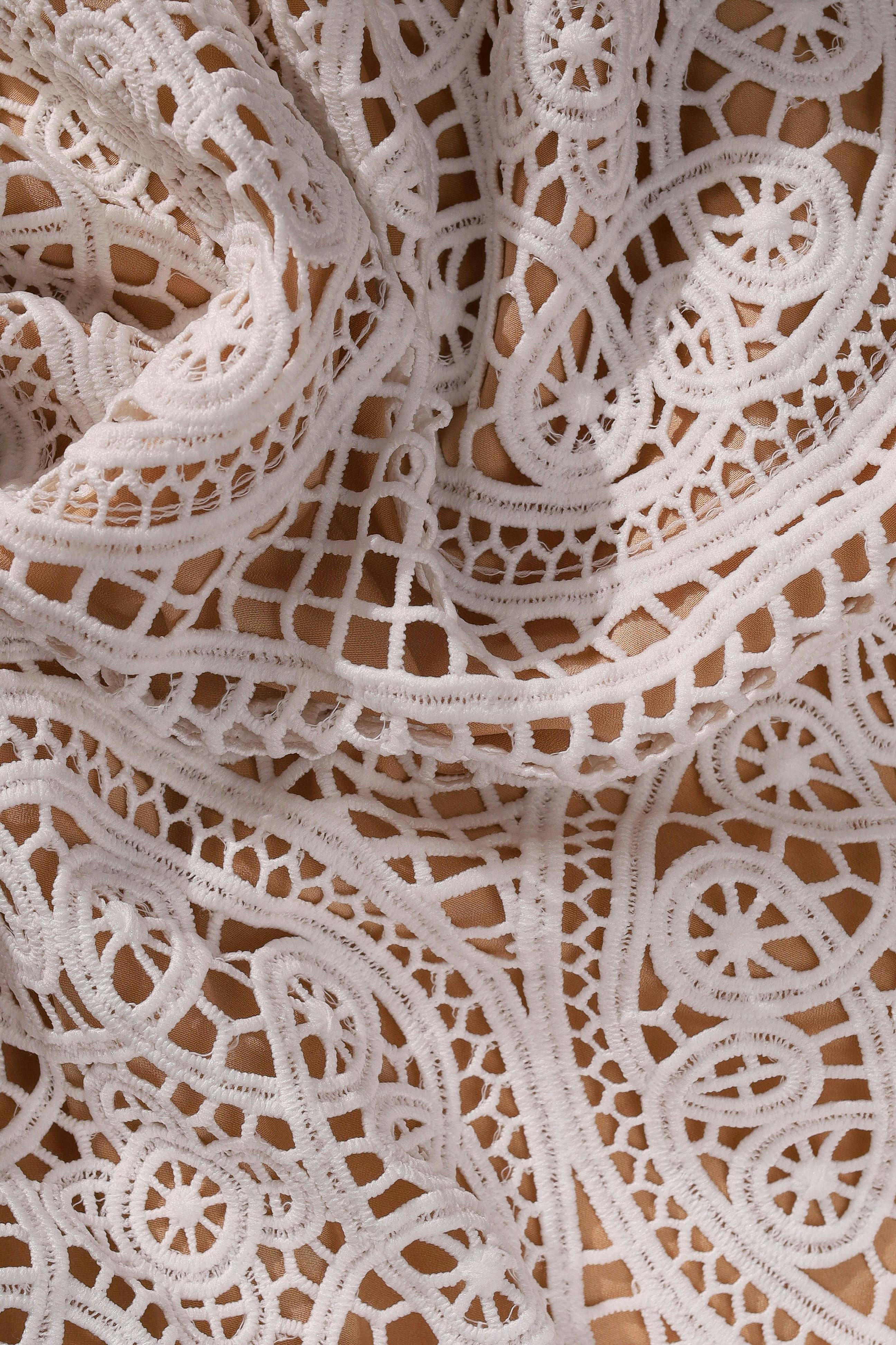 無料 テキスタイルやデザインのテーマに最適な、美しく複雑な白いレース模様のクローズアップビュー。 写真素材