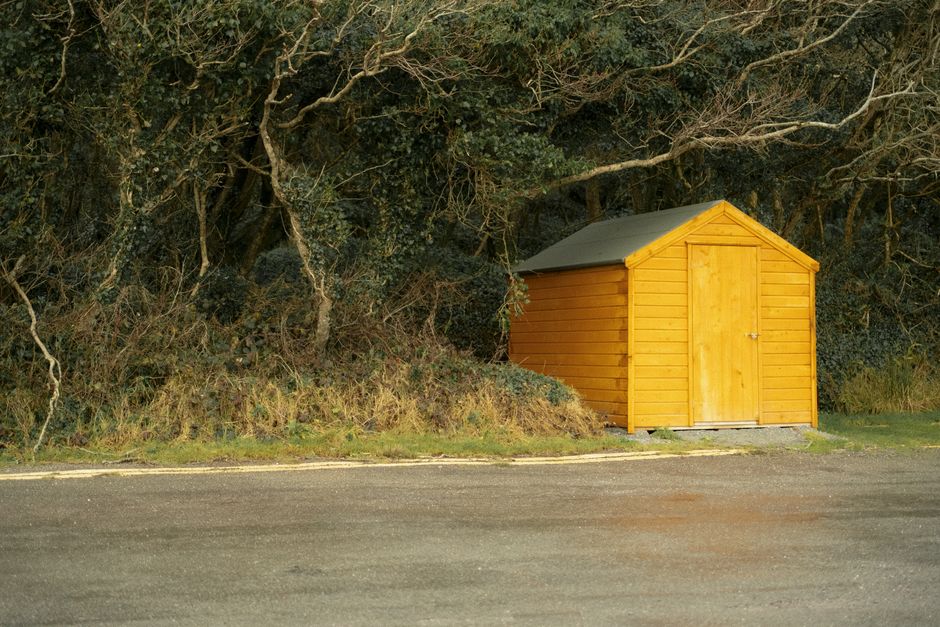 A simple wooden shed nestled amidst dense forest foliage, Ireland.