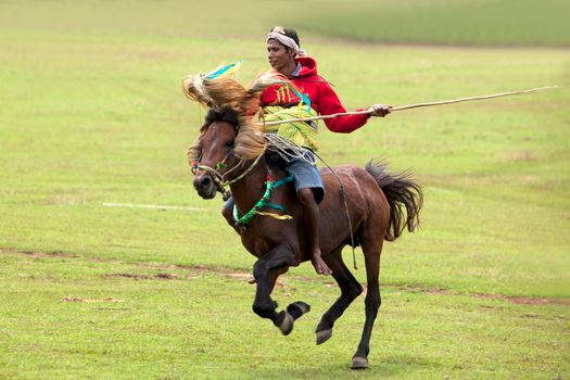 A vibrant scene of a traditional horseman riding through an open grassy field, showcasing cultural dress.