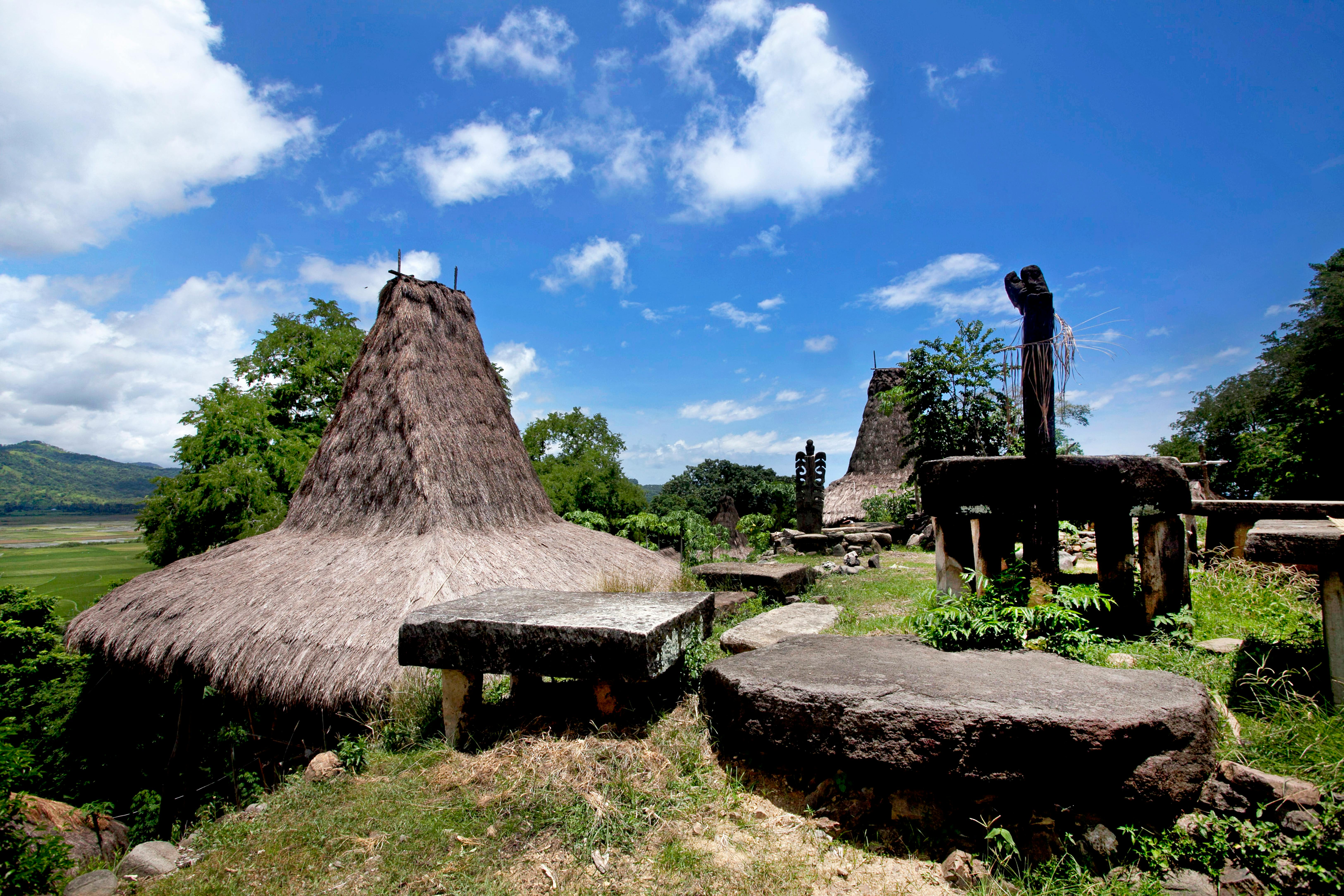 Scenic view of ancient Marapu structures and thatched roofs in Sumba, Indonesia under a bright blue sky.