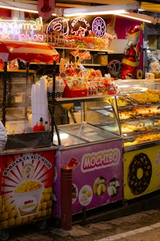 Vibrant Istanbul street food stall featuring sweets and snacks at night.