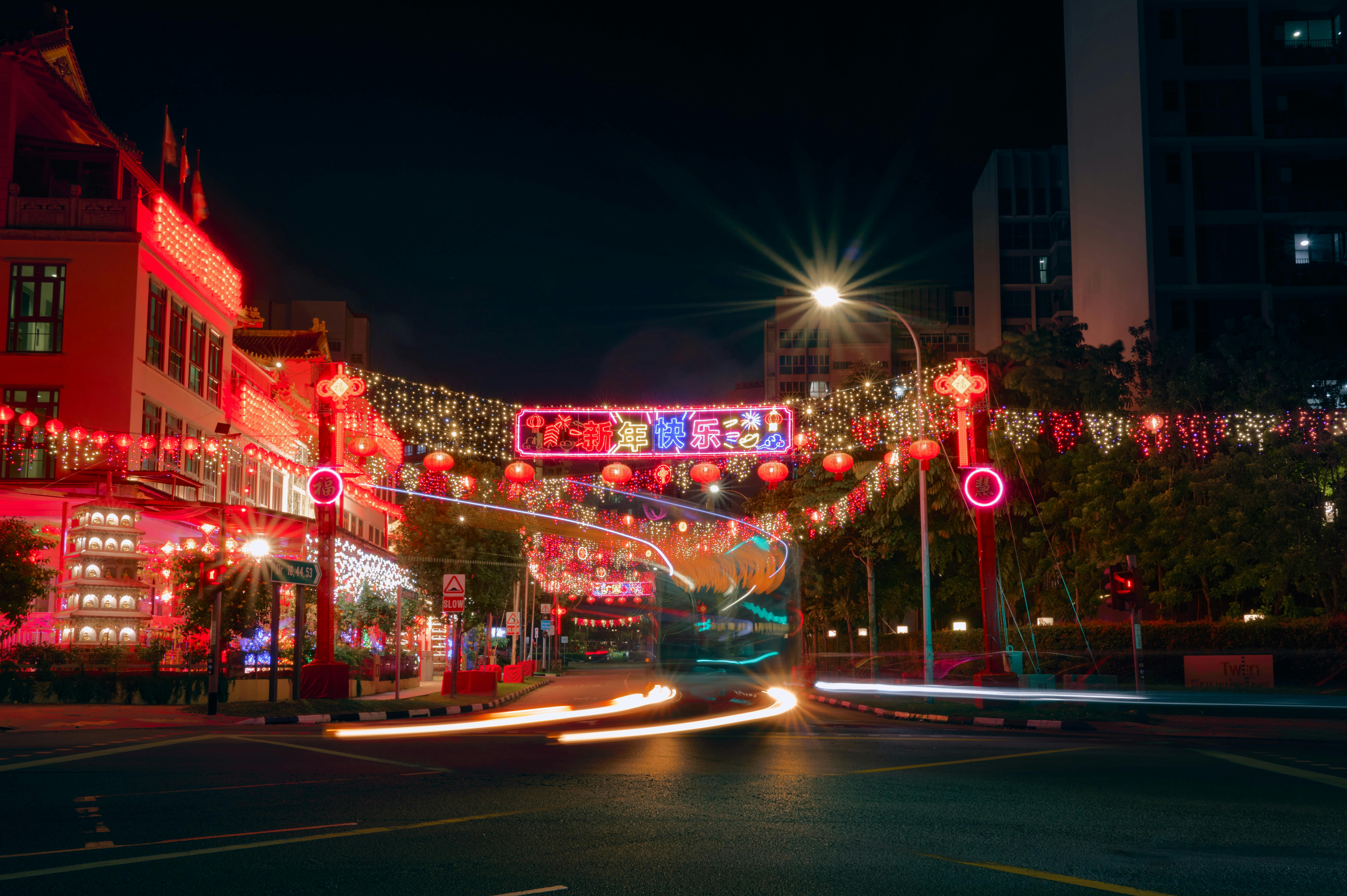 Little India in Singapore illuminated with colourful Deepavali festival lights along Serangoon Road at night