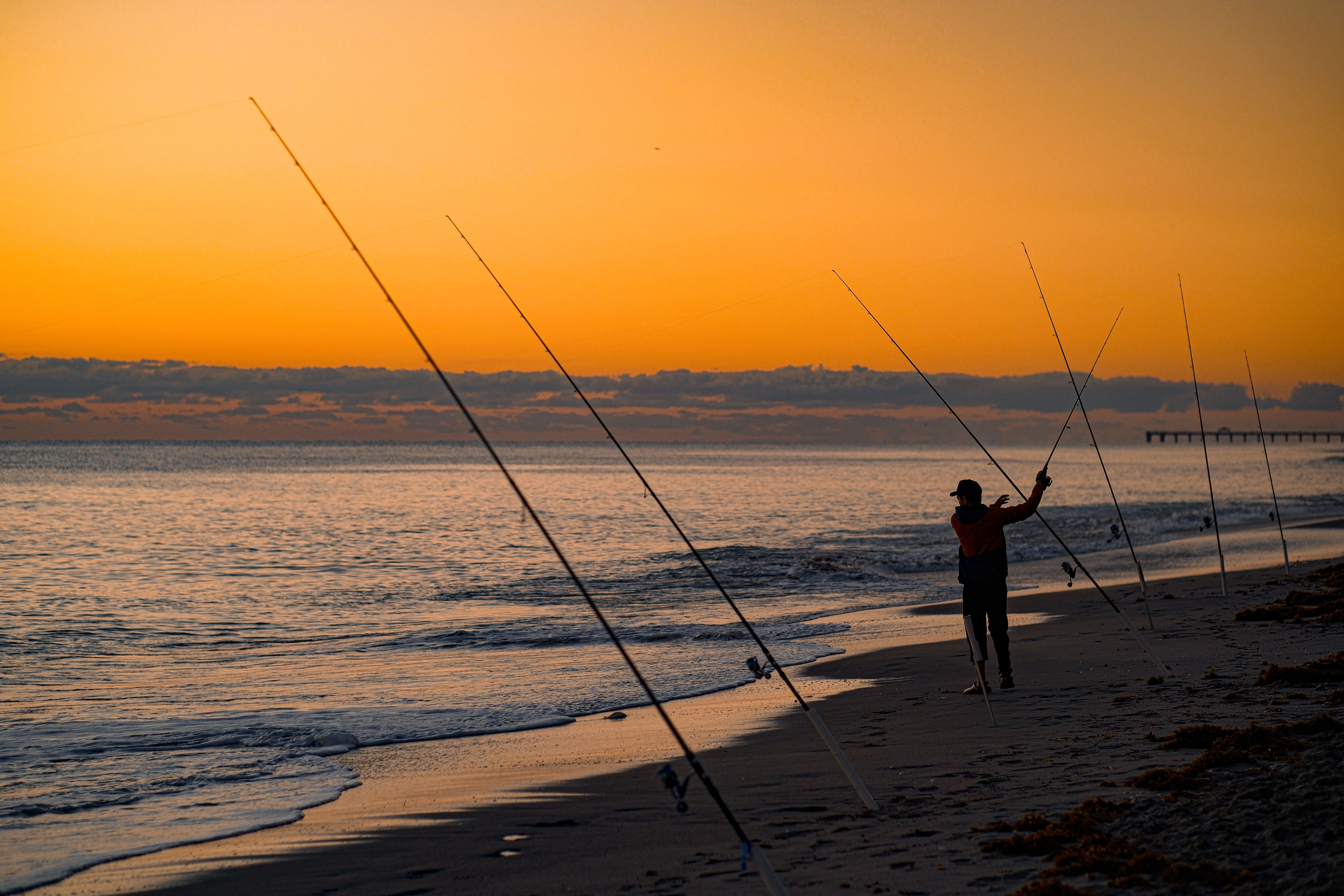 grátis Um pescador solitário lança sua linha ao nascer do sol em uma praia serena, capturando a paz da manhã. Foto profissional