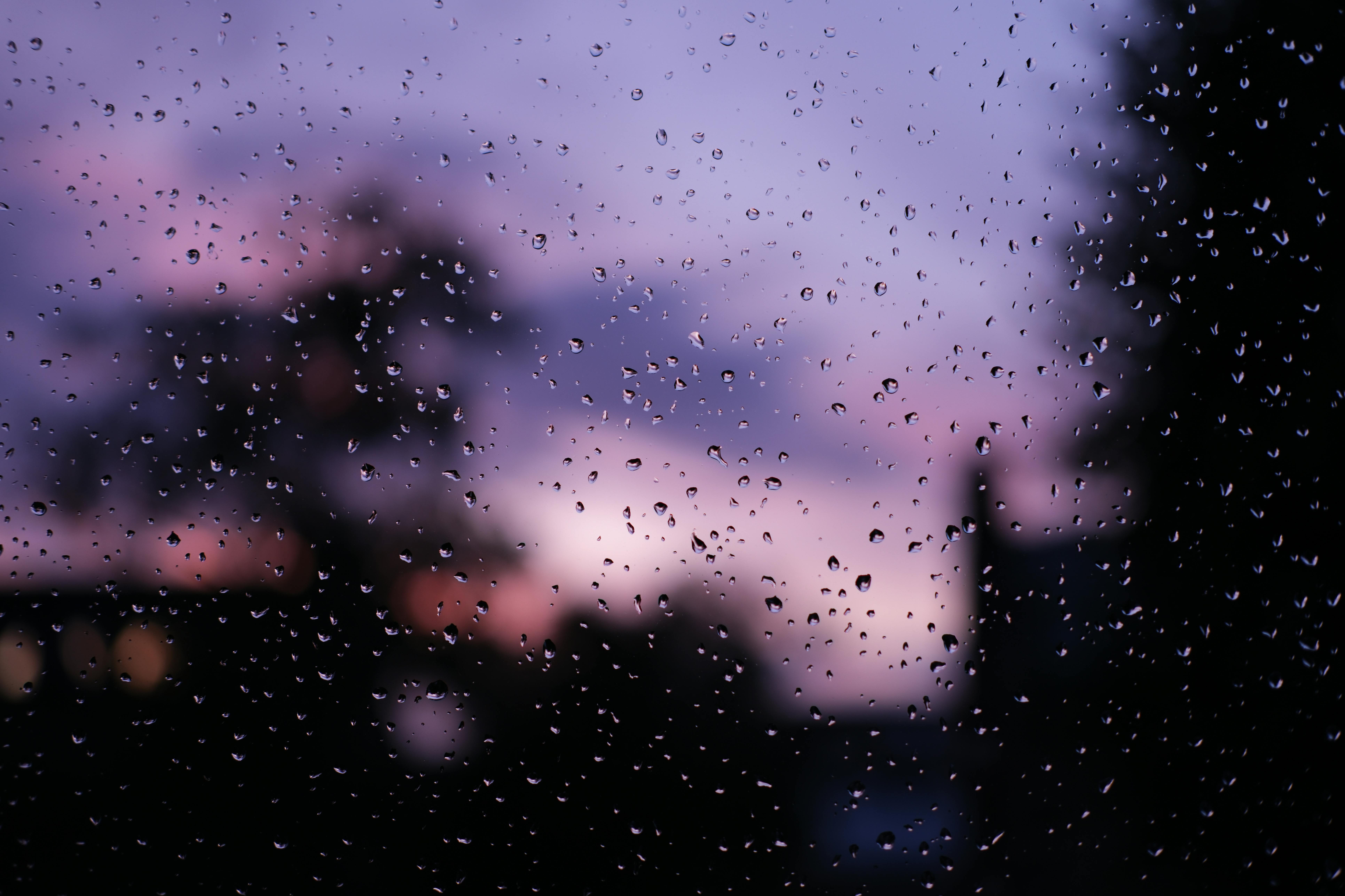 Kostnadsfria Regndroppar på ett fönster skapar en fantastisk silhuett mot en livfull lila solnedgång. Stock foto