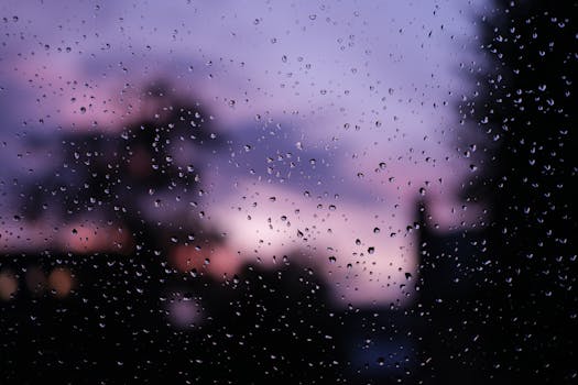 Raindrops on a window create a stunning silhouette against a vivid purple sunset.