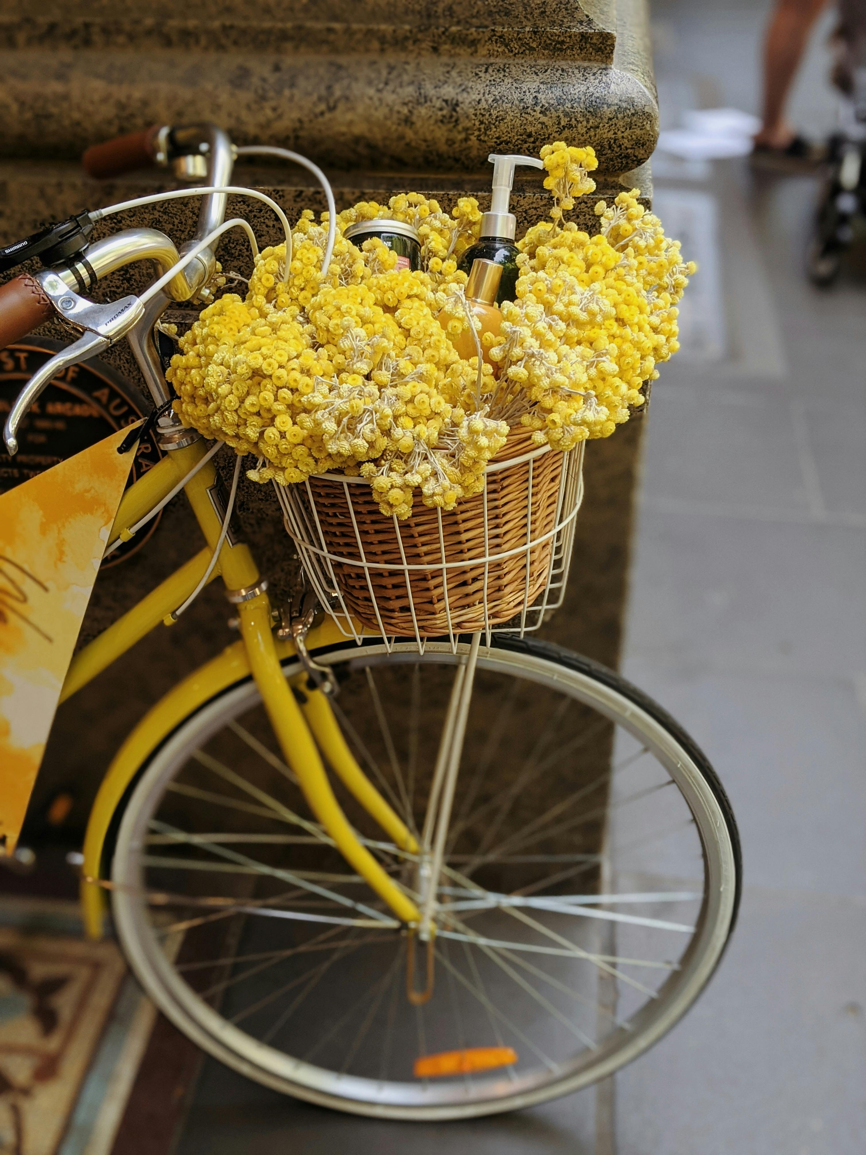 自転車の茶色の編まれたバスケットの黄色い花：無料の写真素材